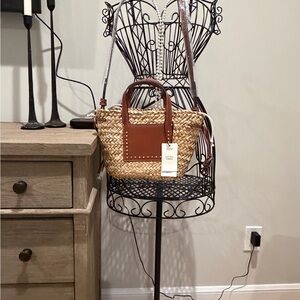 Mango Woven Straw Tote with Brown Leather Trim - Women Bags